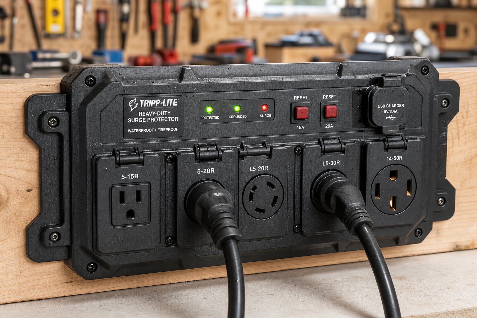 Heavy-duty garage surge protector showing multiple outlets and protective features