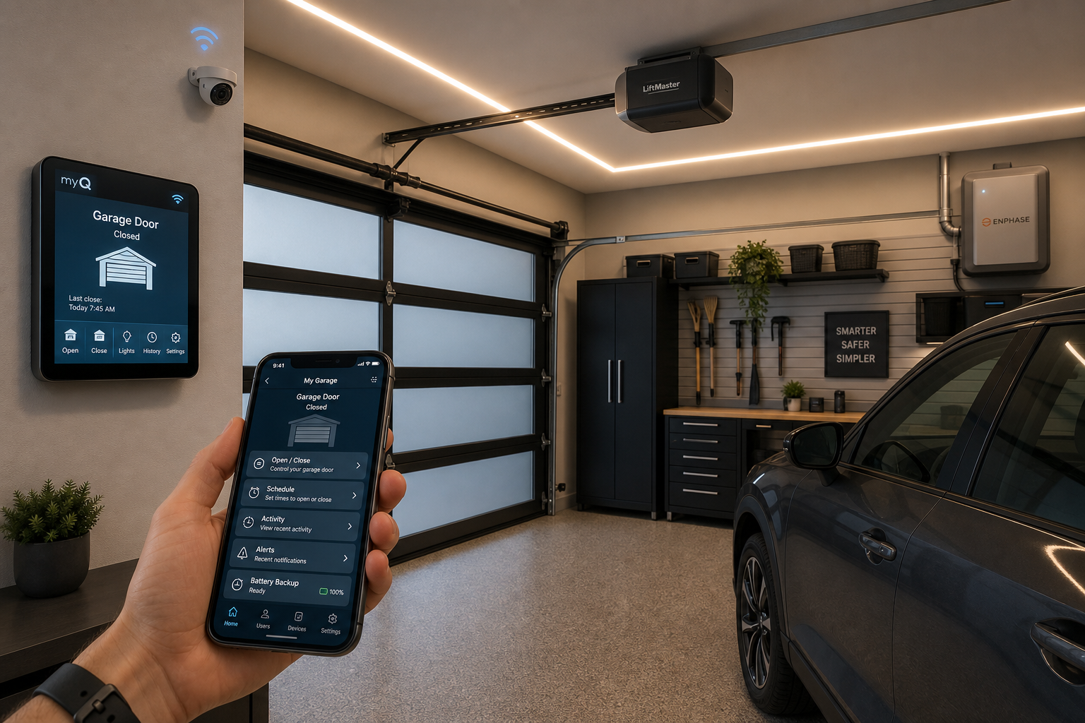 Various smart garage door features including smartphone app, WiFi panel, and security camera