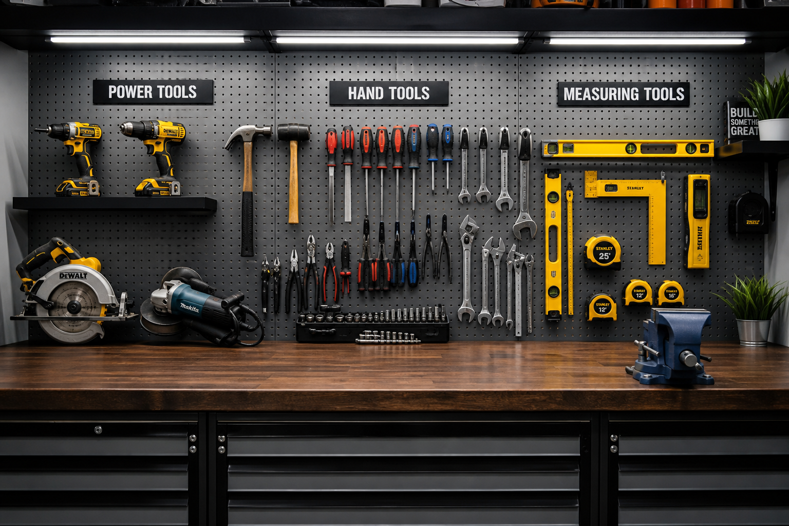 Organized garage workbench displaying essential DIY tools categorized by project type