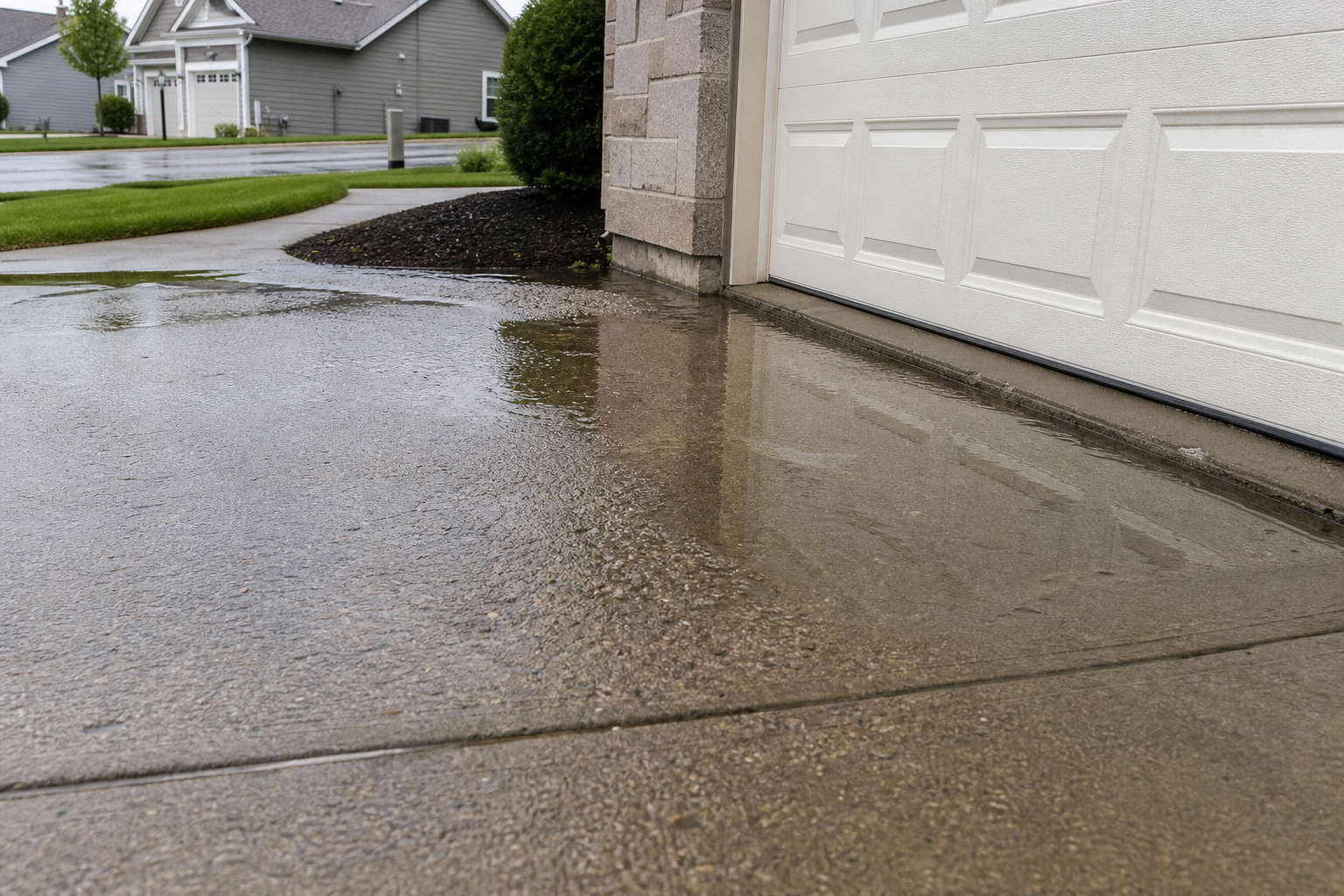 Water pooling at garage entrance due to improper driveway slope