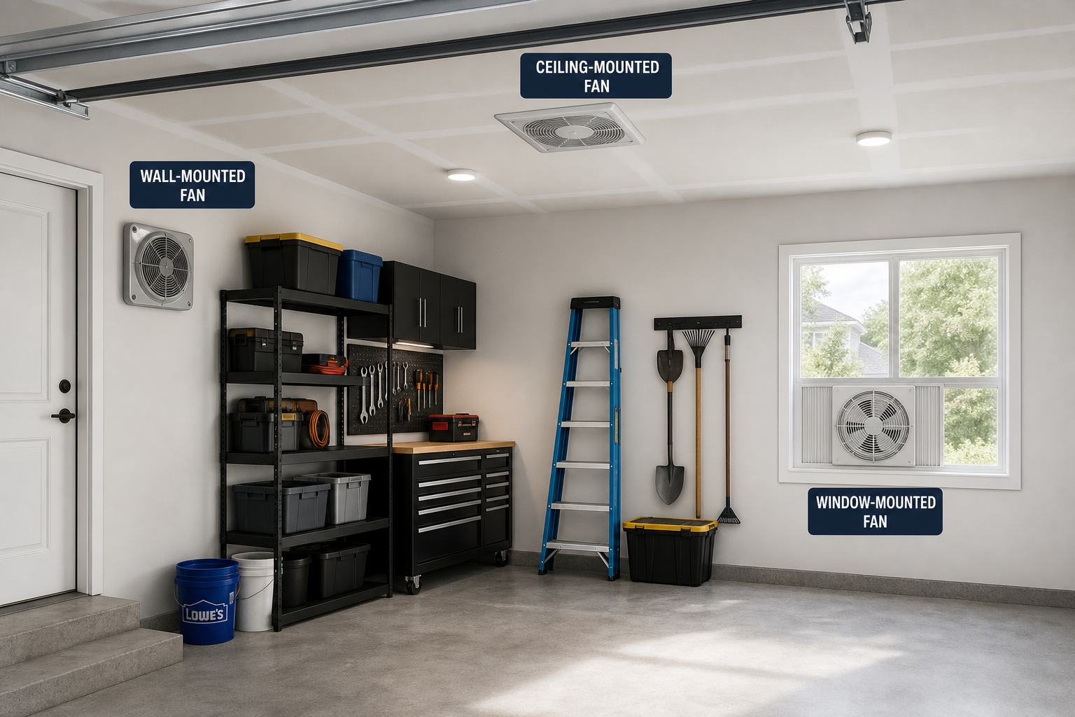 Garage showing different exhaust fan mounting options including wall, ceiling, and window installations
