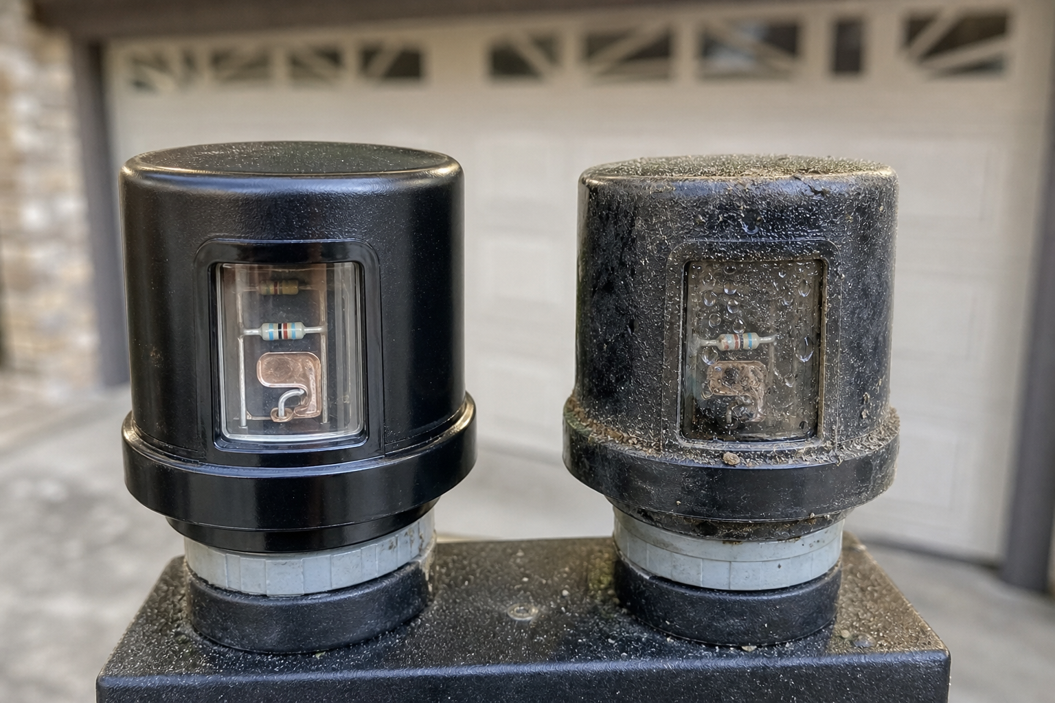 Comparison of clean and faulty photocell sensors on garage light fixtures