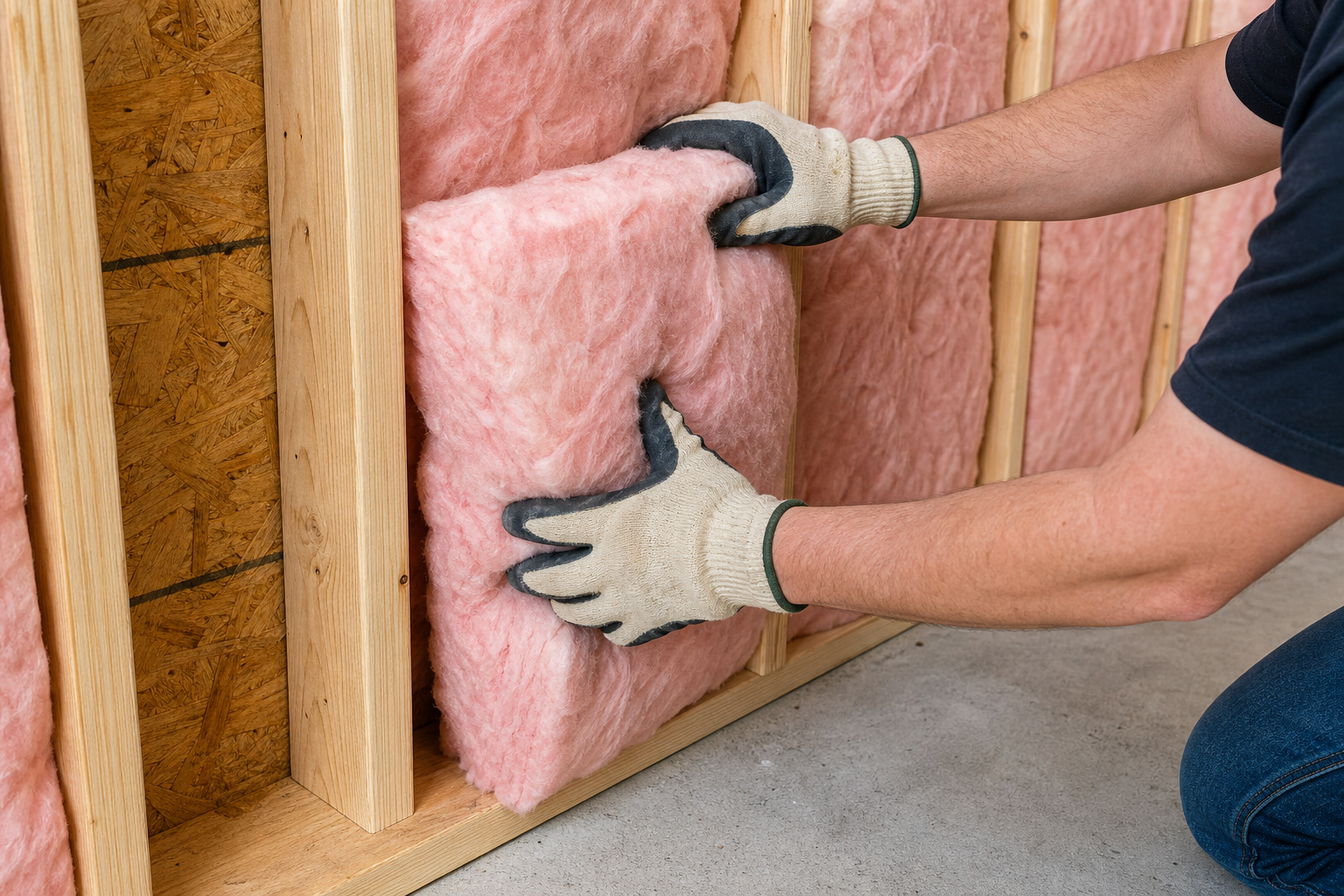 Worker installing pink fiberglass batt insulation between wall studs