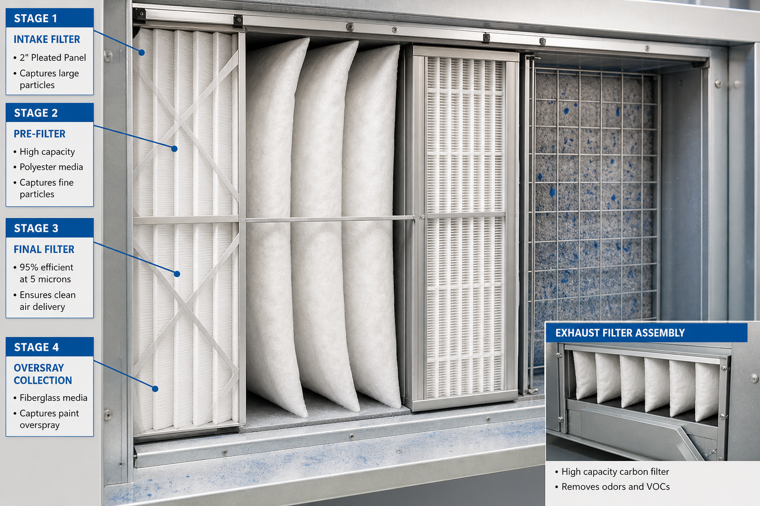 Multi-layer air filtration system with intake and exhaust filters for paint overspray control