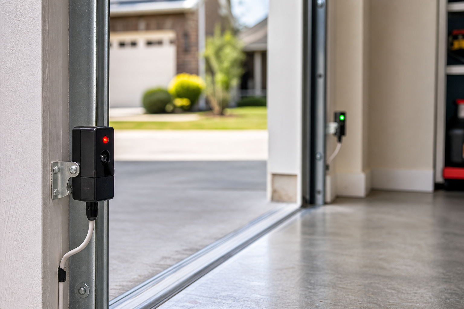 Garage door safety sensors mounted on tracks showing LED indicator lights