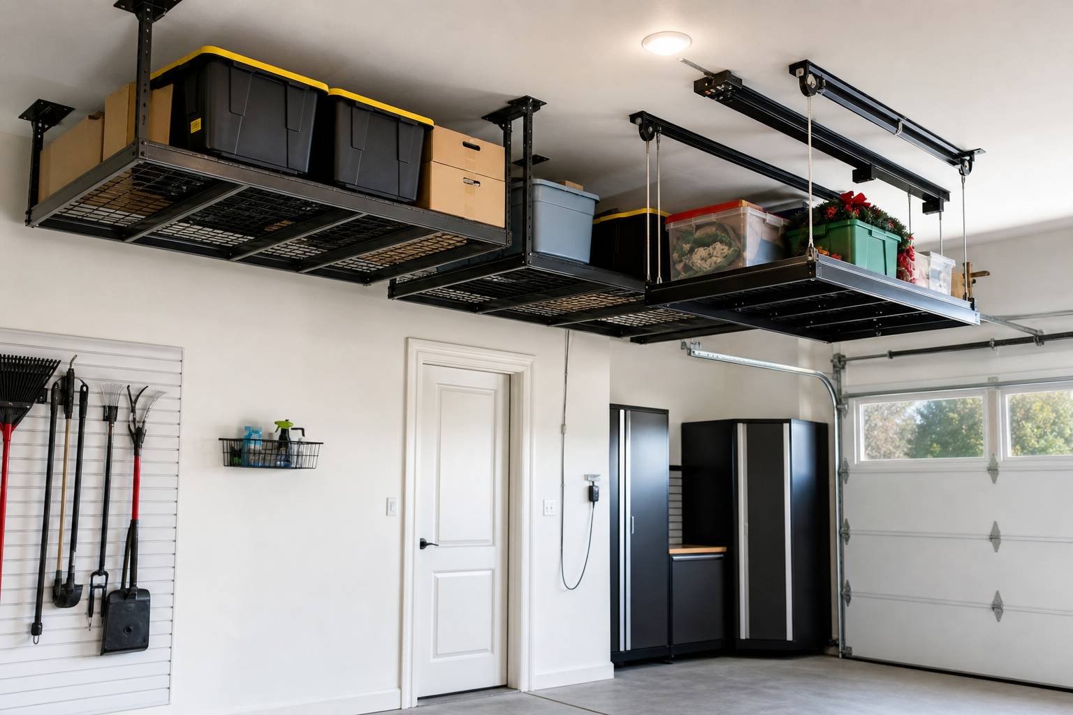 Overhead garage storage showing fixed racks and lift-down platform systems