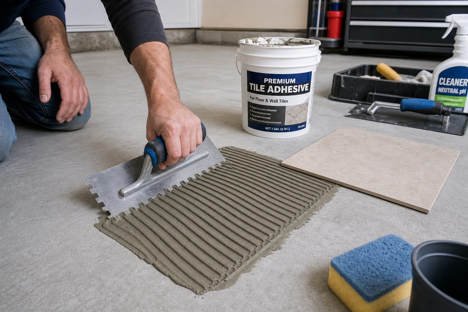 Applying new tile adhesive to garage floor during repair process