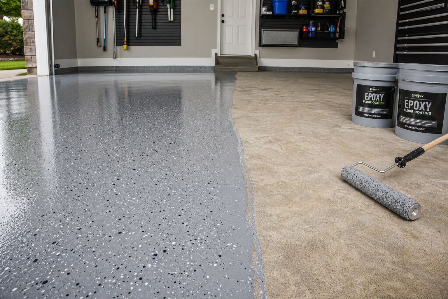 Garage floor with epoxy coating being applied, showing before and after comparison