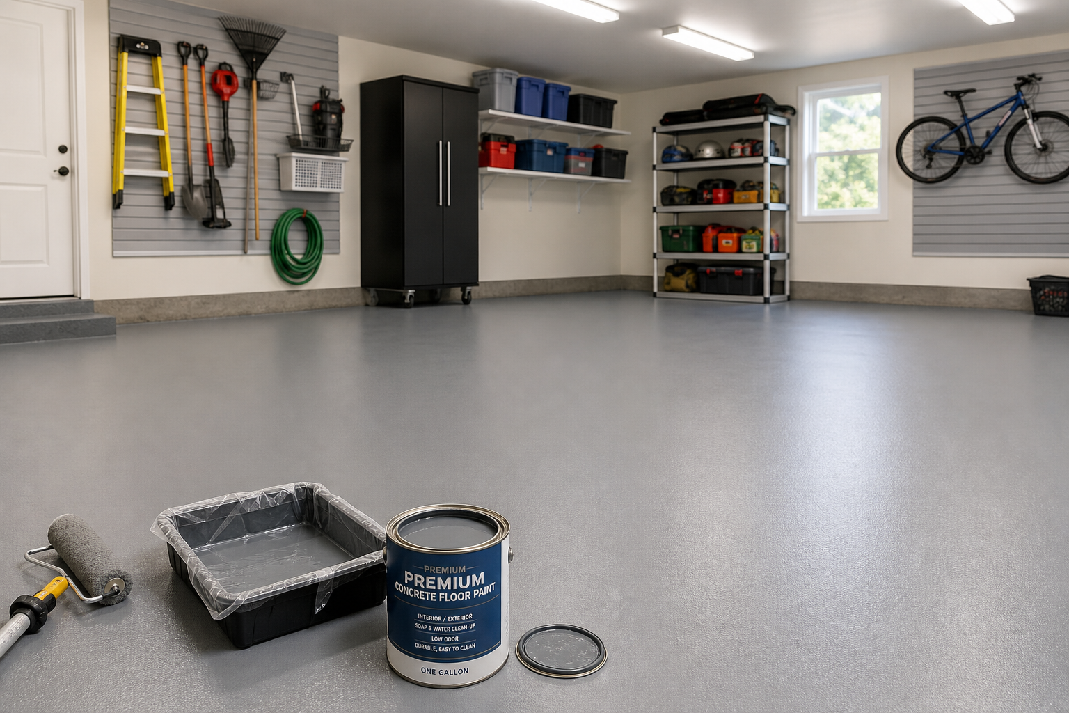 Garage floor with fresh paint coating and painting supplies