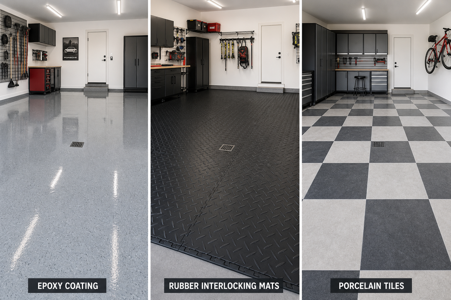 Three different garage detailing bay flooring options displayed side by side