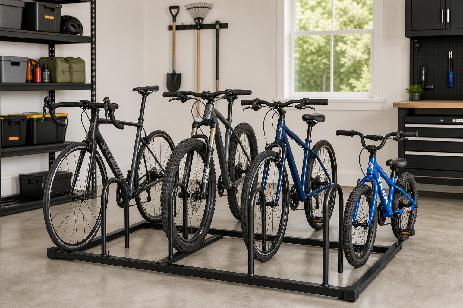Freestanding metal bike rack holding multiple bicycles in clean garage space