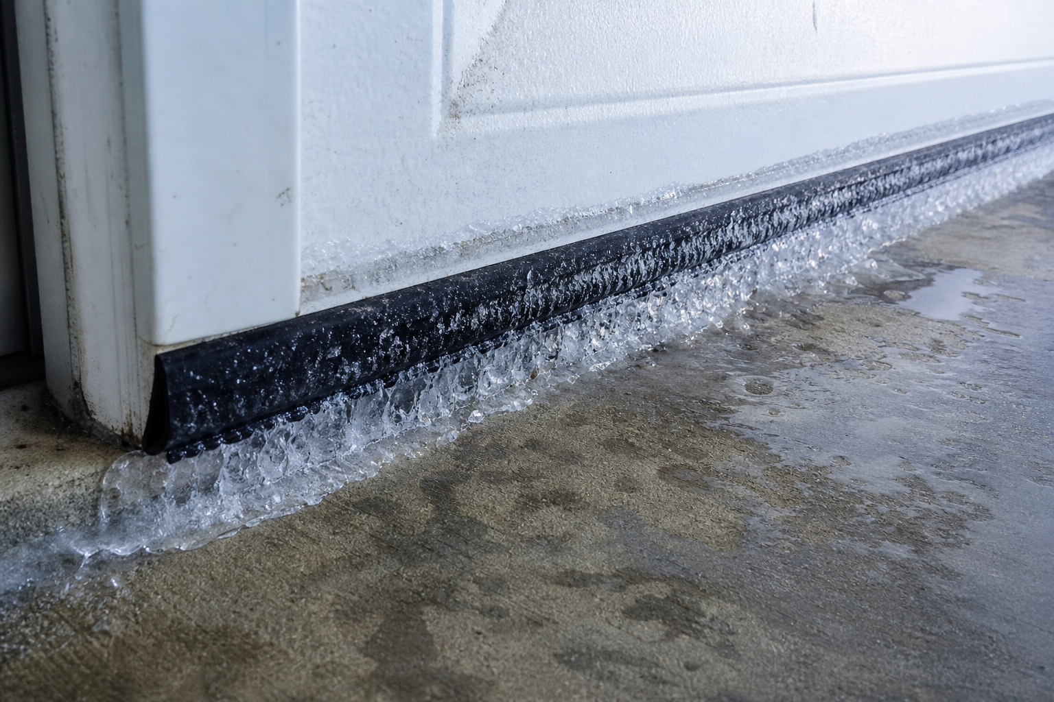 Garage door weatherstripping frozen to concrete floor with ice buildup