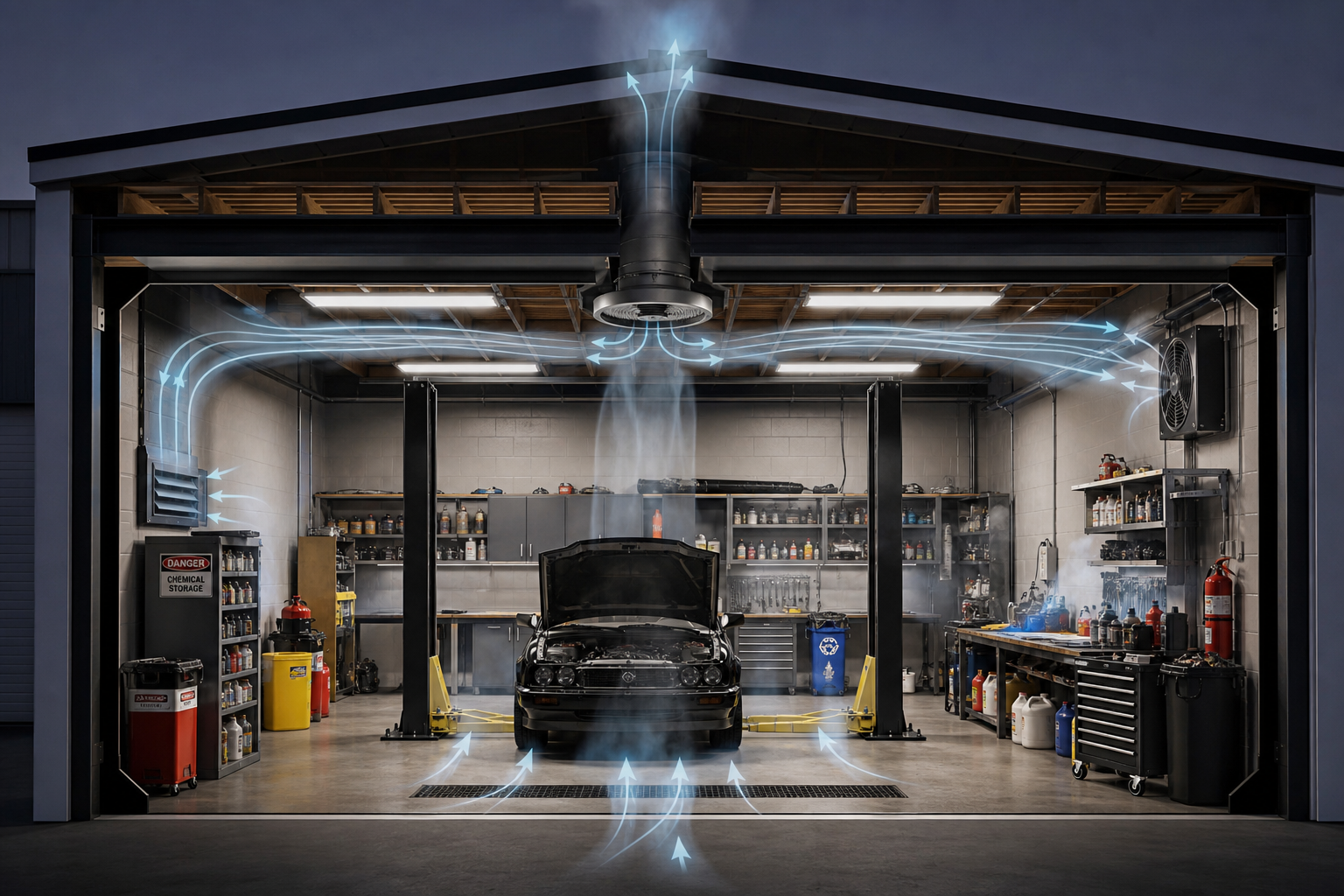 Garage ventilation system effectively removing fumes and chemical vapors