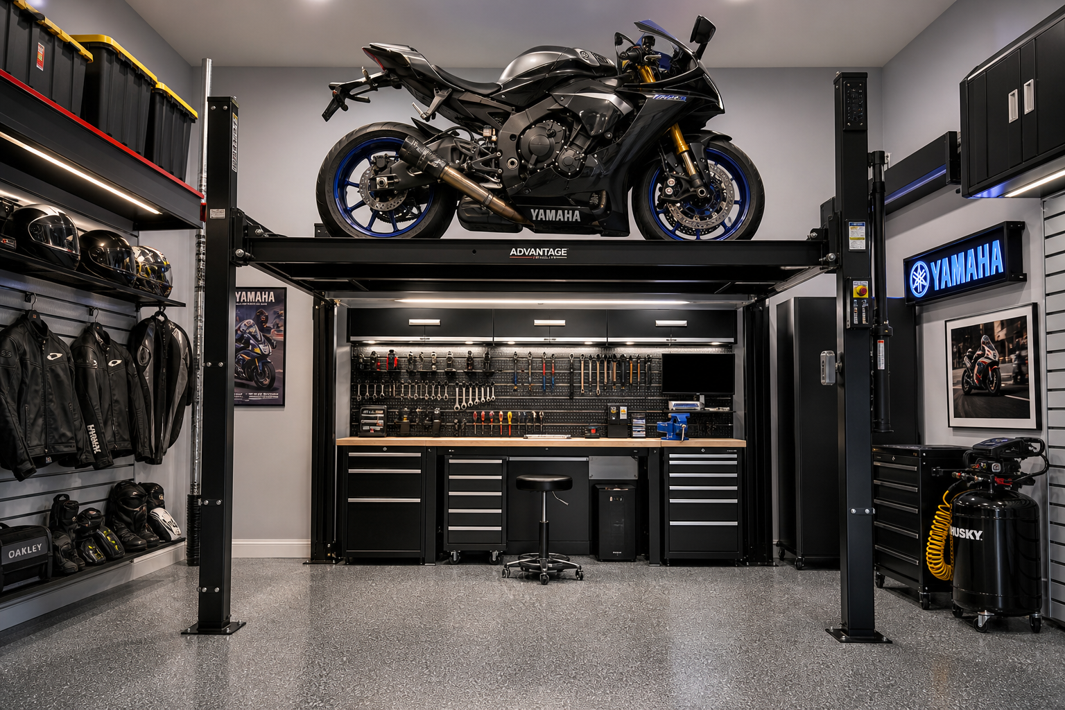 Well-organized garage showing maximized space utilization with motorcycle storage lift and efficient storage solutions