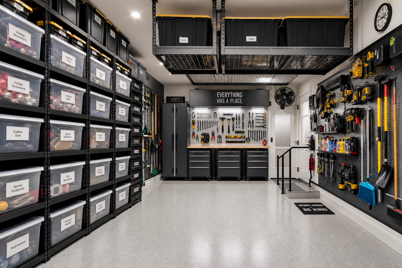 Fully organized garage with floor-to-ceiling storage systems, clear containers, and maximized vertical space utilization