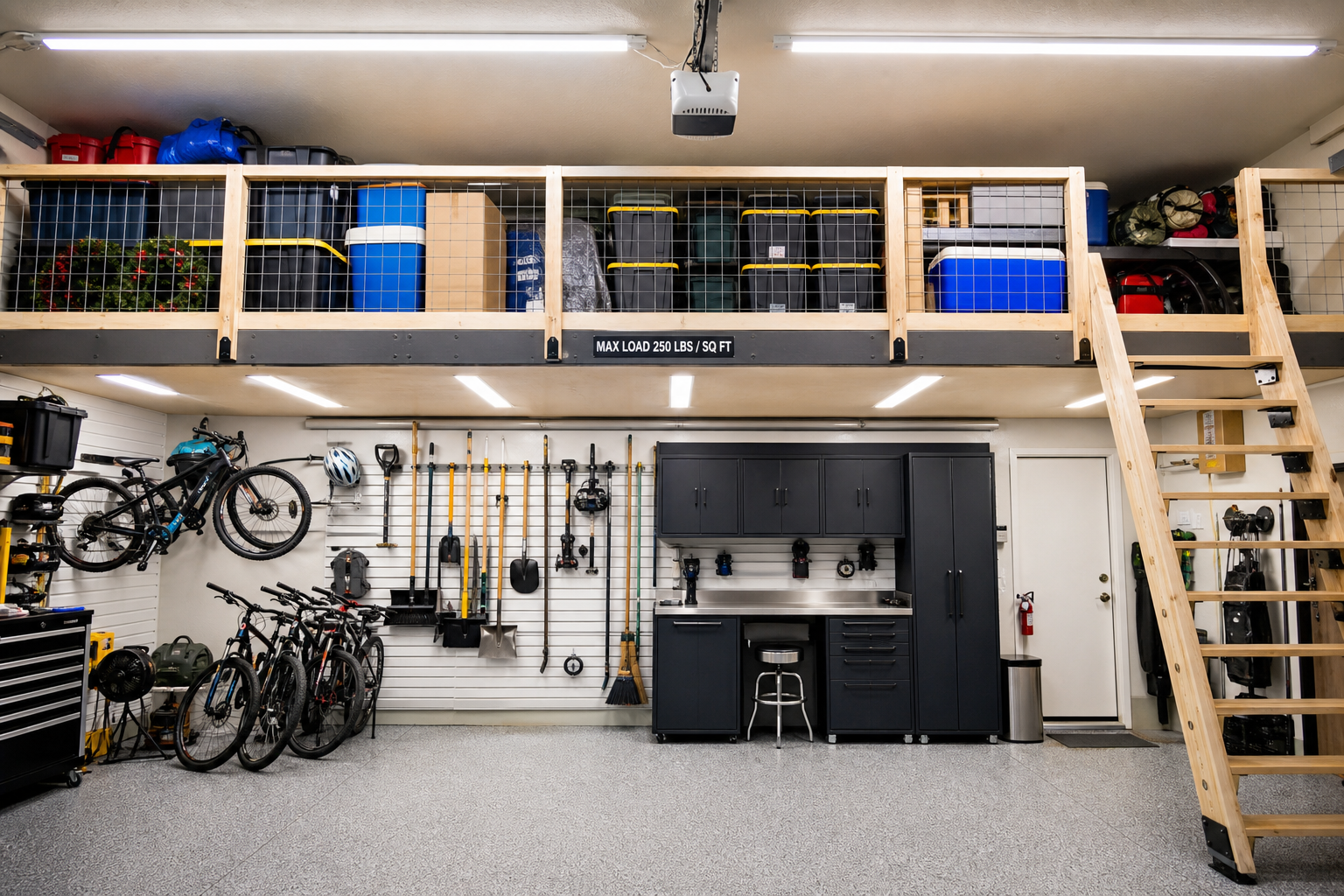 Maximized garage storage with completed attic platform and organized items