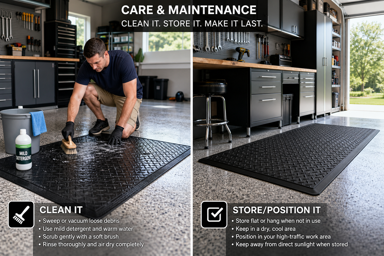 Proper cleaning and maintenance of anti-fatigue garage floor mats