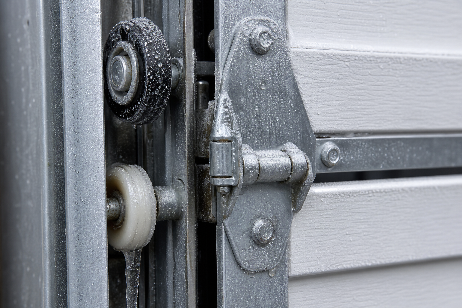 Garage door rollers and hinges with frost buildup from cold weather