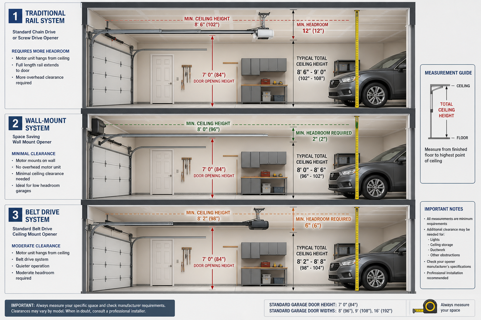 Garage cross-section showing headroom clearance requirements for different opener types