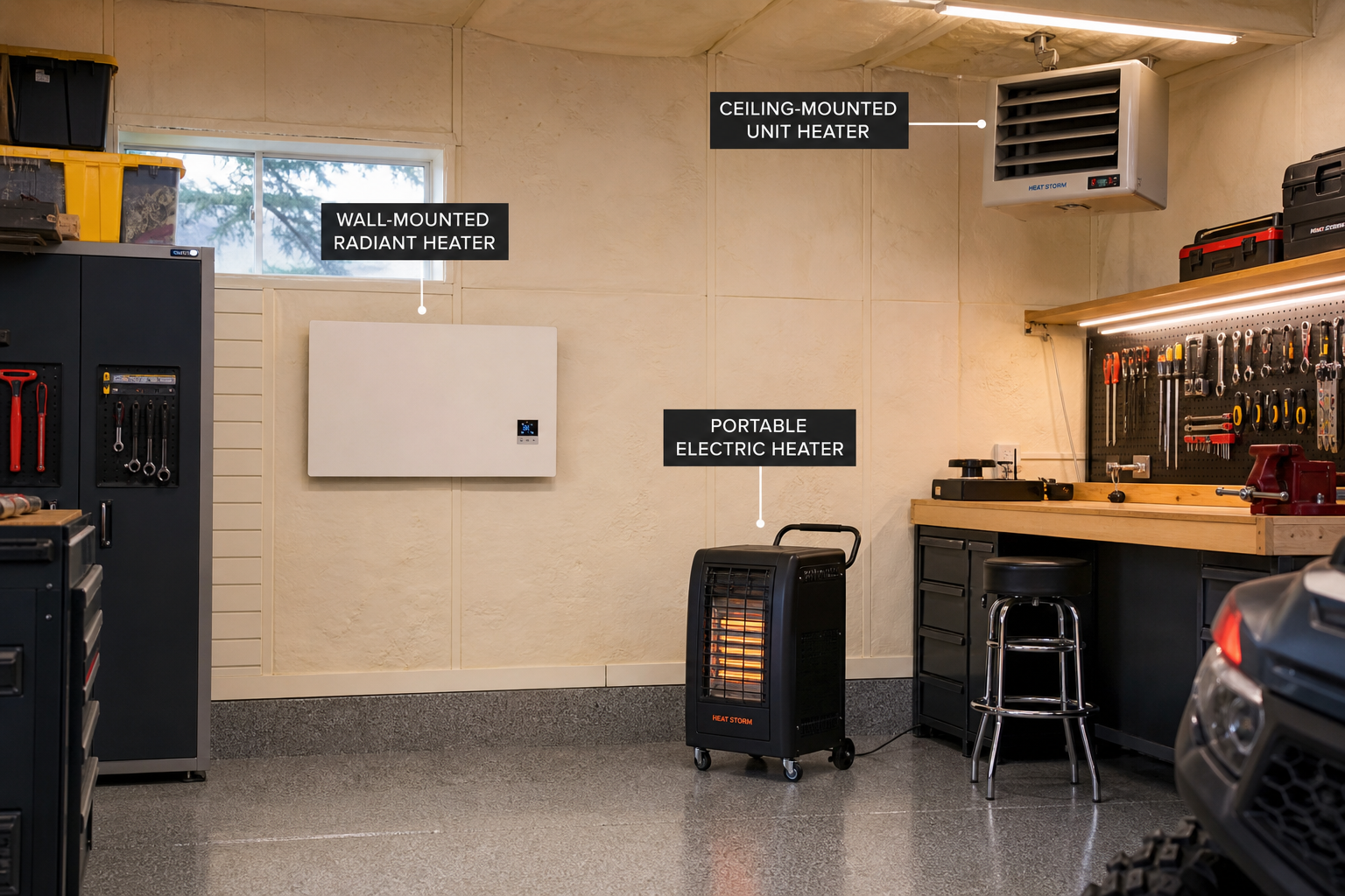 Various garage heating solutions including radiant panels and portable heaters