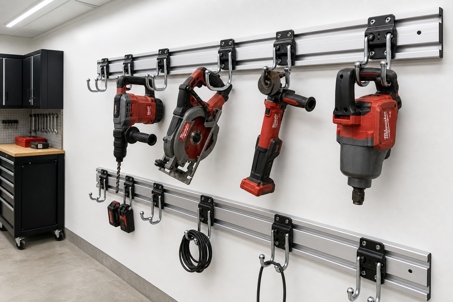 Heavy-duty wall track system with metal hooks holding power tools in organized garage