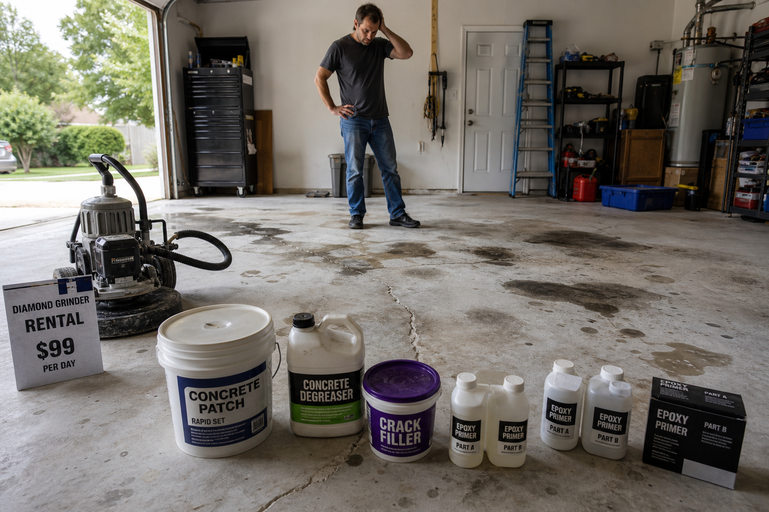 Garage floor showing various issues like cracks and stains with additional repair supplies needed
