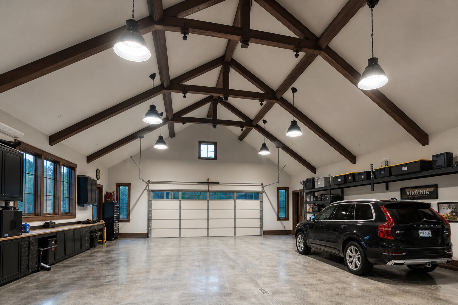 High-ceiling garage with LED high-bay light fixtures suspended from above