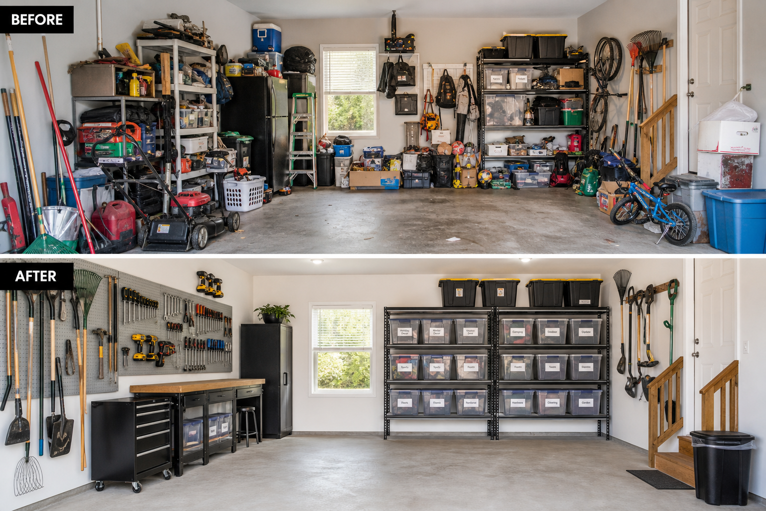 Organized garage with budget-friendly storage solutions including pegboards, bins, and shelving