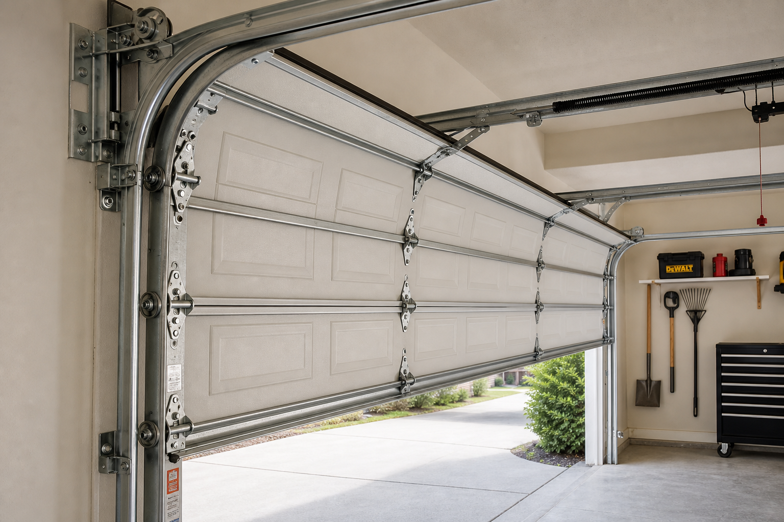 Garage door hinges and track system components