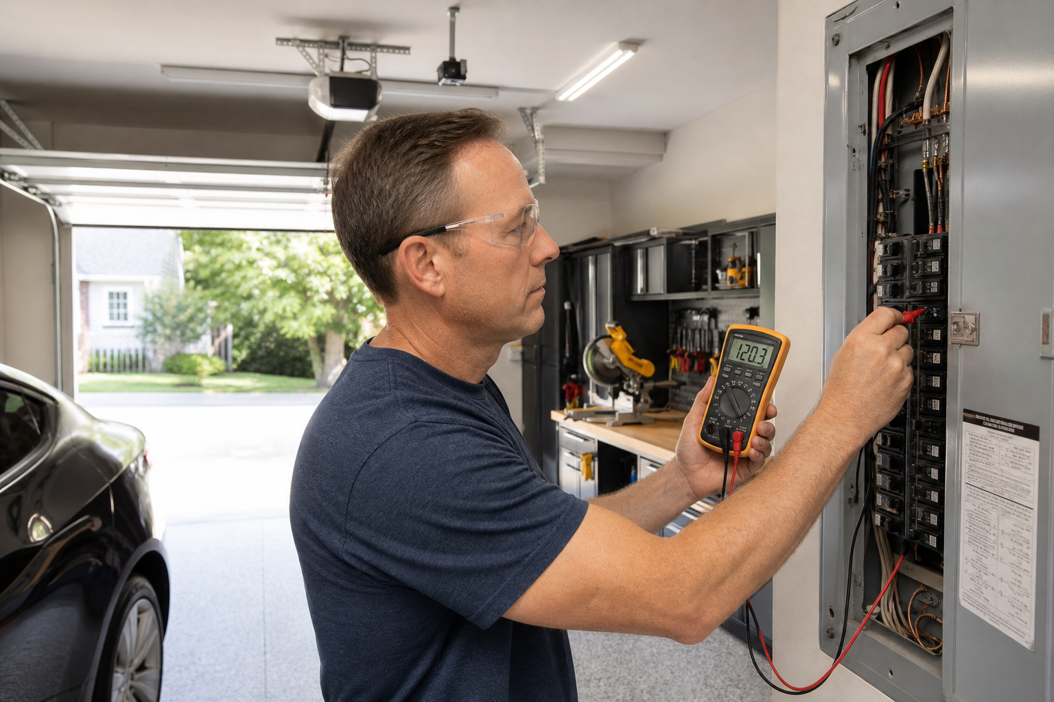 Person using digital multimeter to measure electrical load in organized garage with various electrical equipment
