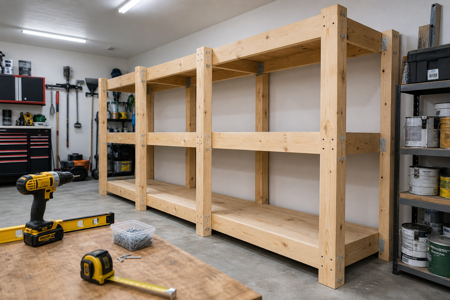 Wooden garage shelving unit being constructed with tools and lumber