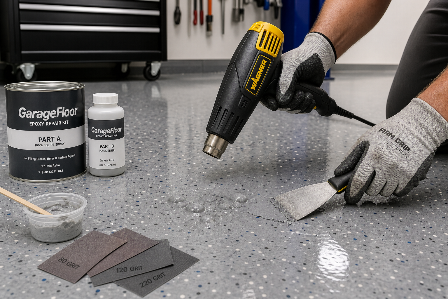 Hands repairing bubbled epoxy floor with heat gun and putty knife