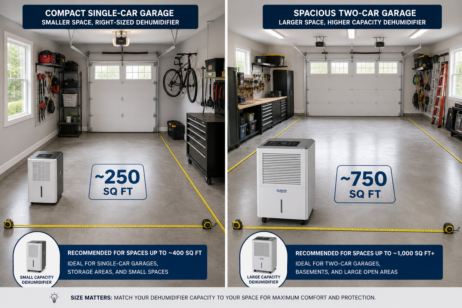 Comparison of small and large garage spaces with appropriately sized dehumidifiers
