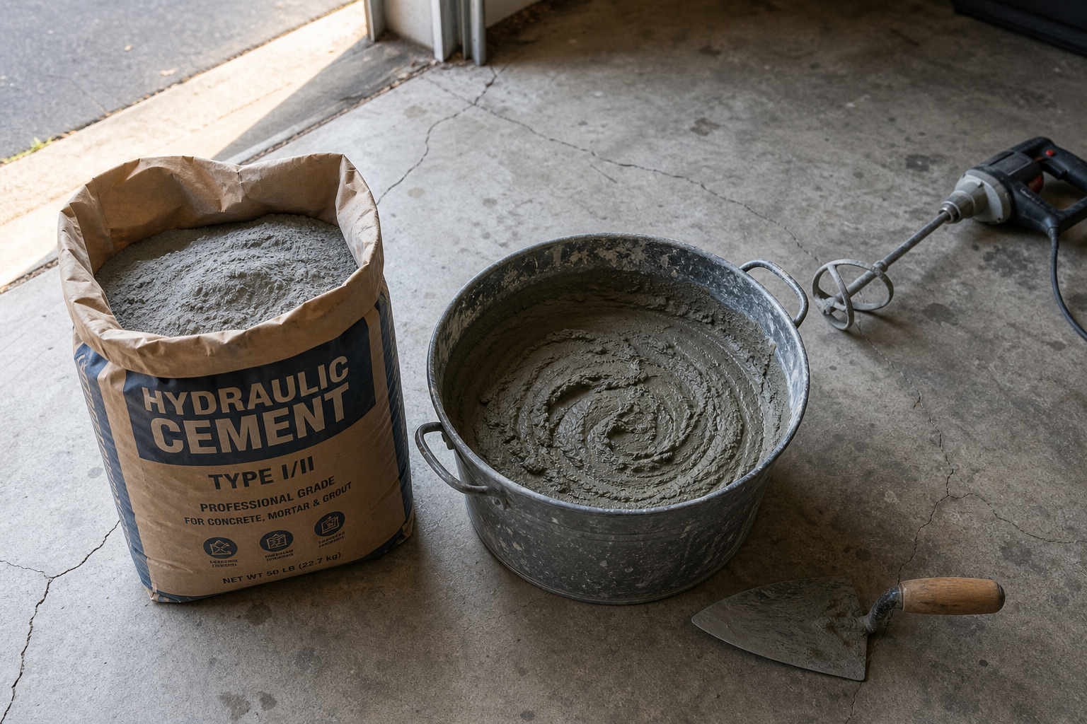 Hydraulic cement powder and mixed cement for garage floor crack repair