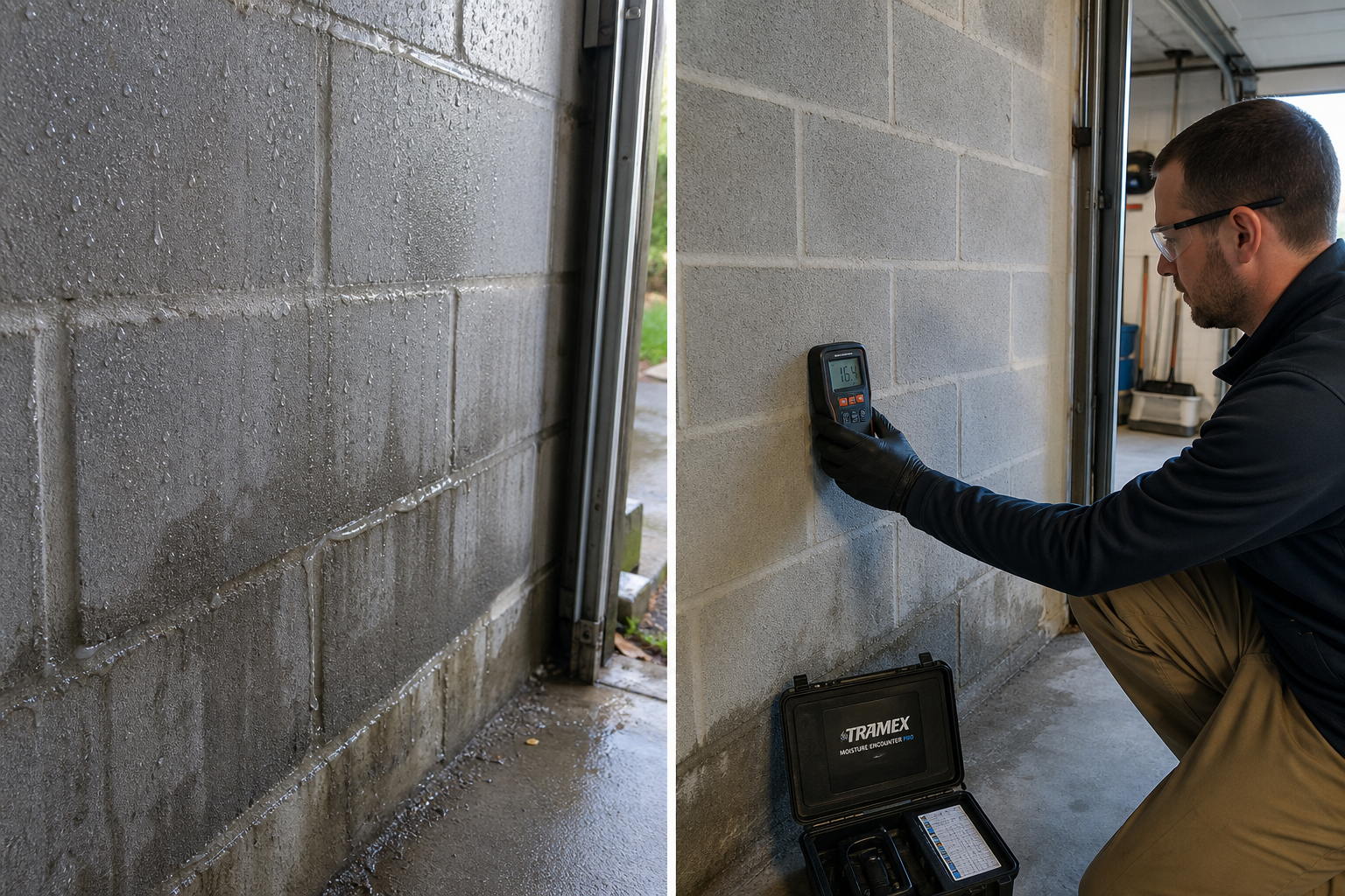 Person using moisture detection equipment to identify condensation sources on garage walls