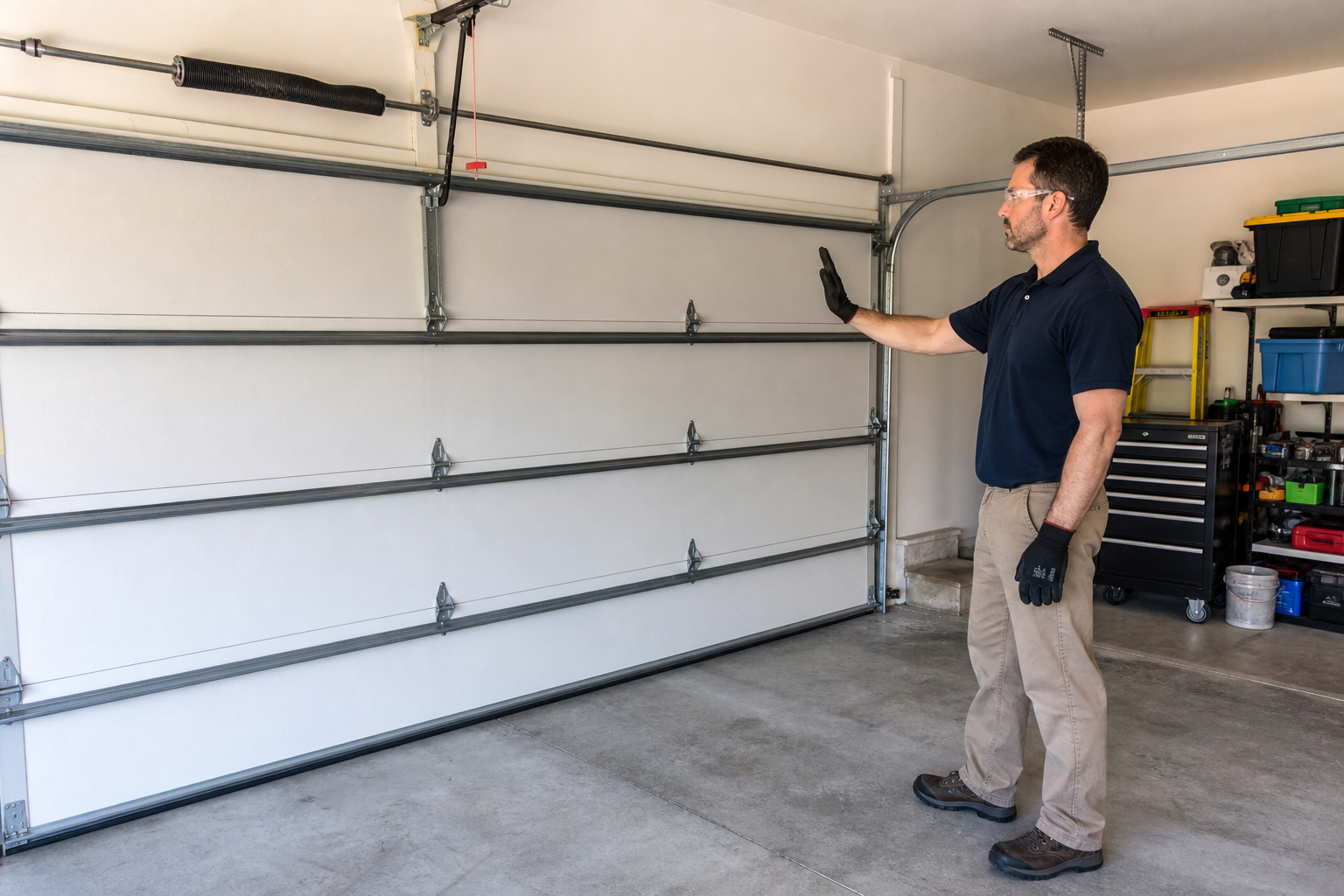 Person maintaining safe distance from garage door with broken spring, demonstrating safety protocols