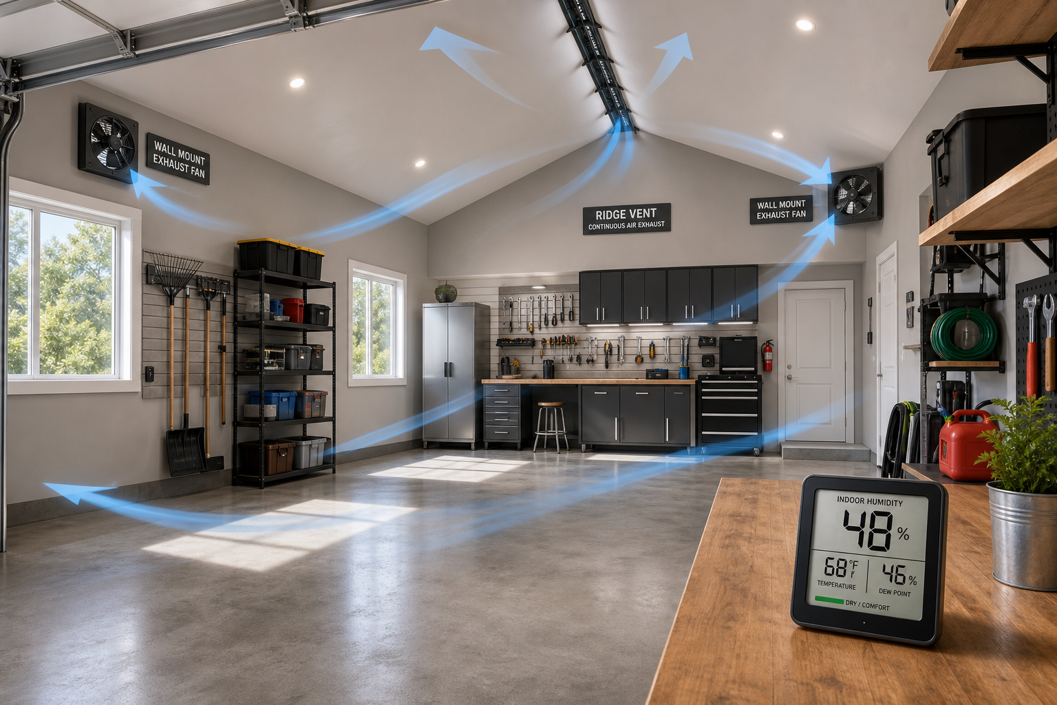Modern garage interior with exhaust fans and humidity control equipment