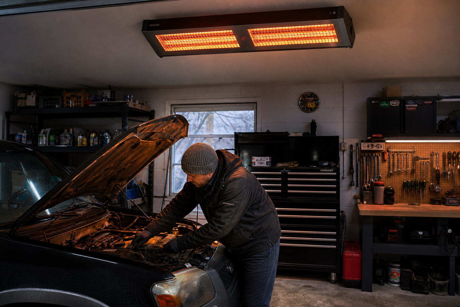 Infrared radiant heater with glowing elements mounted on garage ceiling