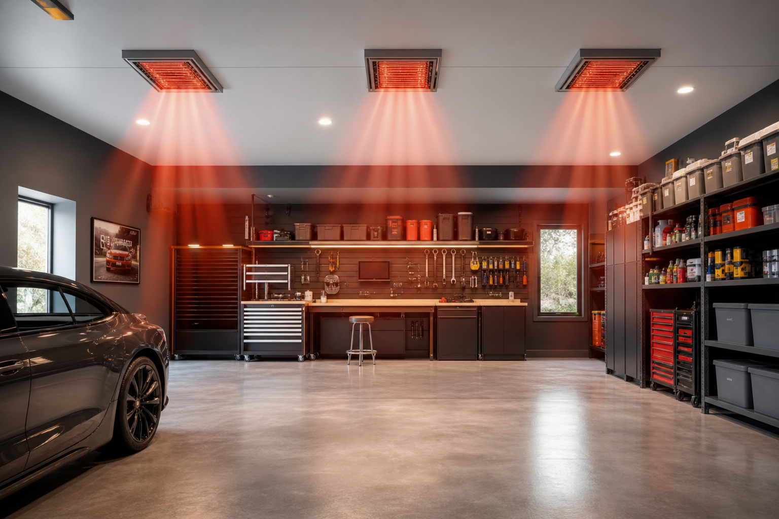 Infrared radiant heating panels installed in a finished garage ceiling