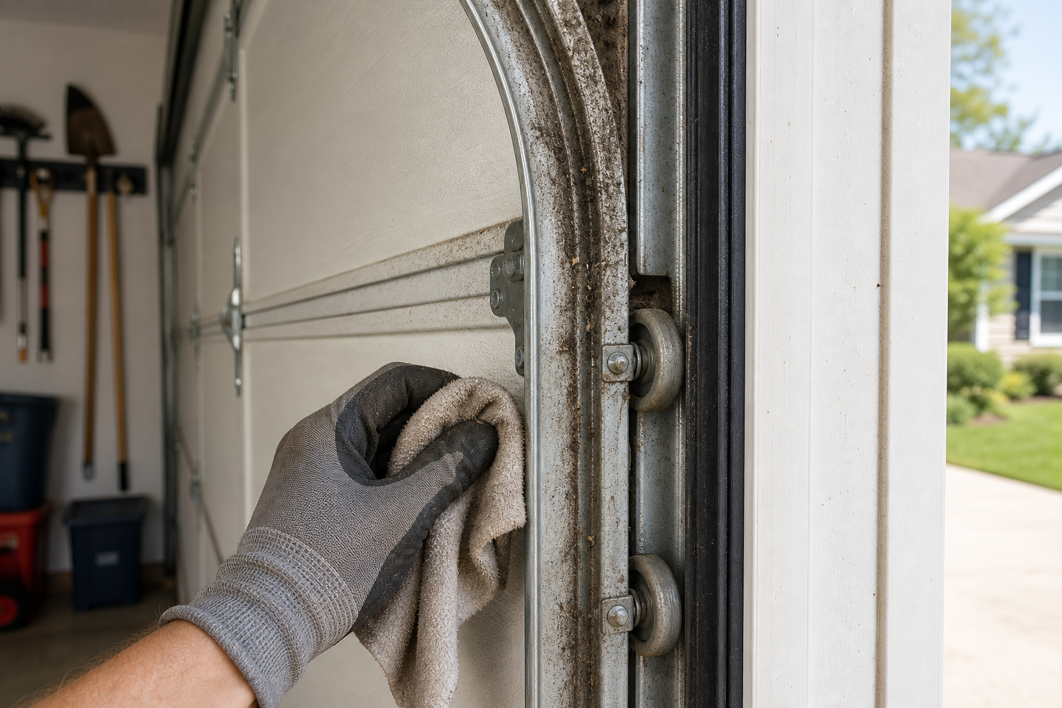 Person cleaning debris from garage door tracks with a cloth