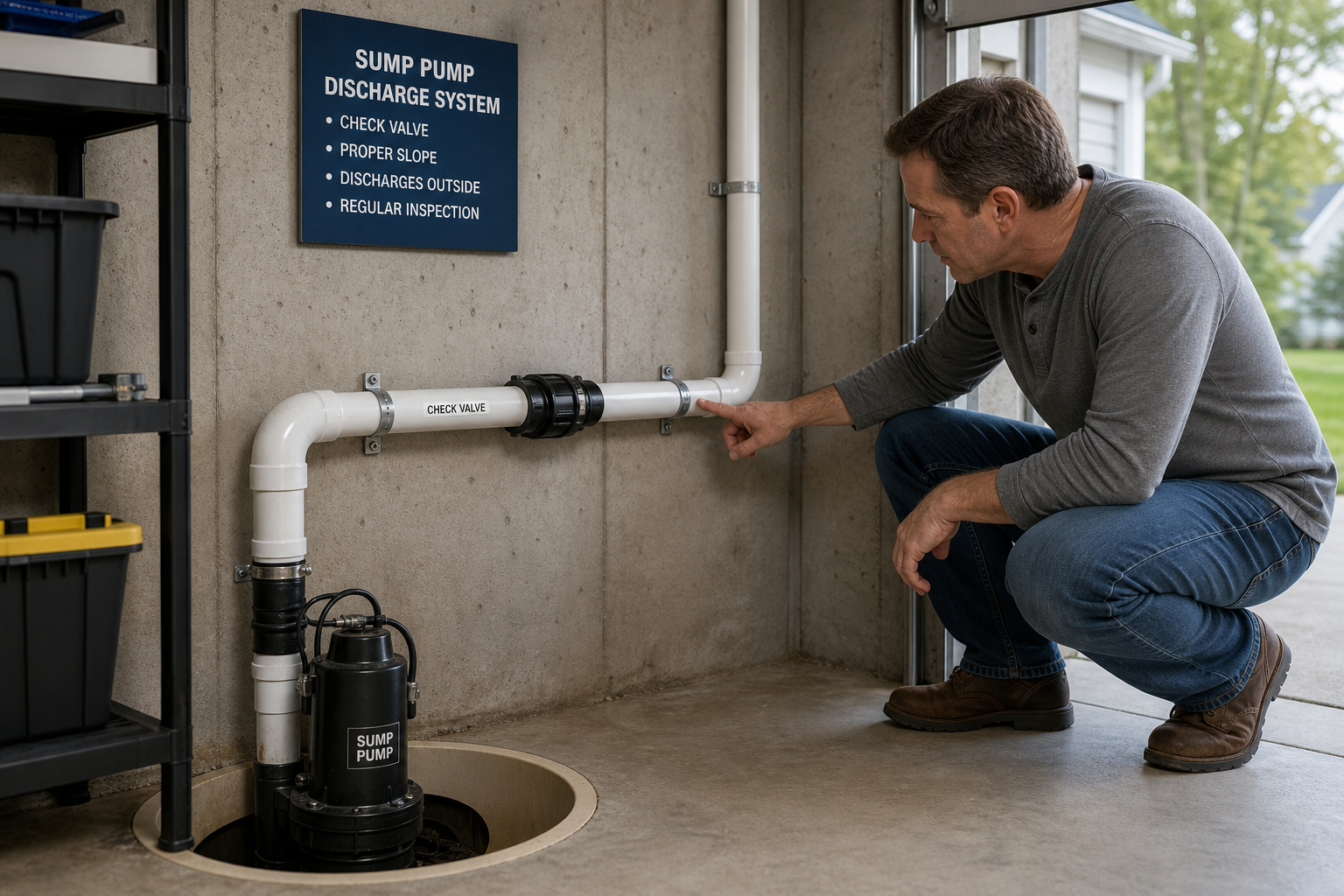 Homeowner inspecting sump pump discharge pipe connections in garage