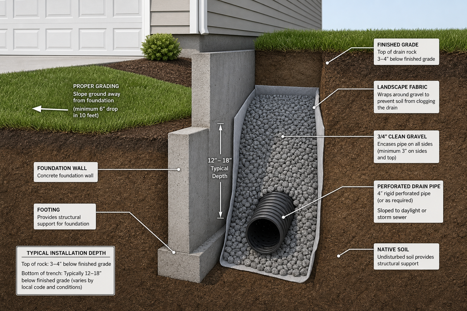 Cross-section diagram of French drain installation around garage foundation