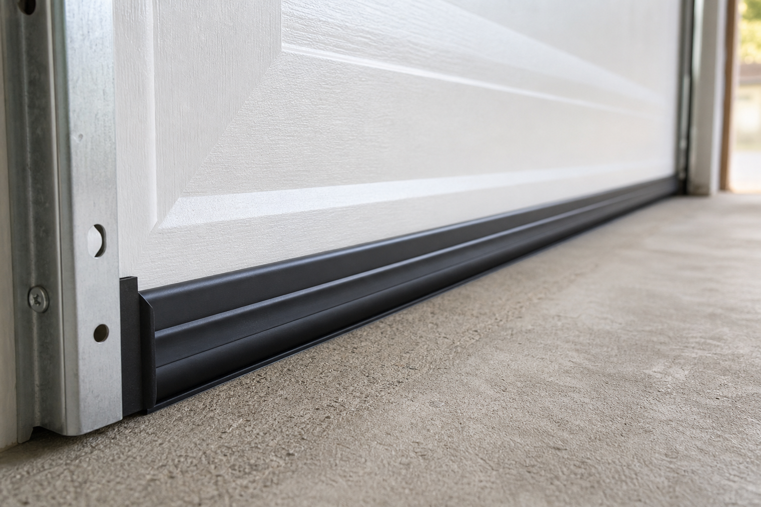Garage door with installed rubber door sweep sealing the bottom gap