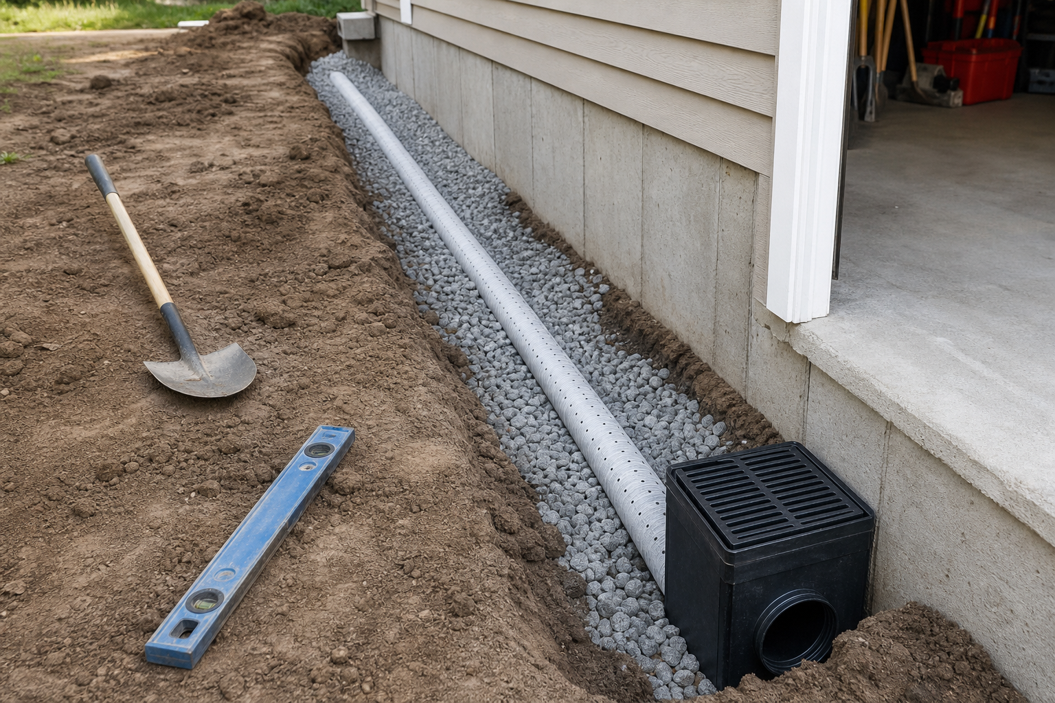 French drain installation with perforated pipe and gravel around garage foundation