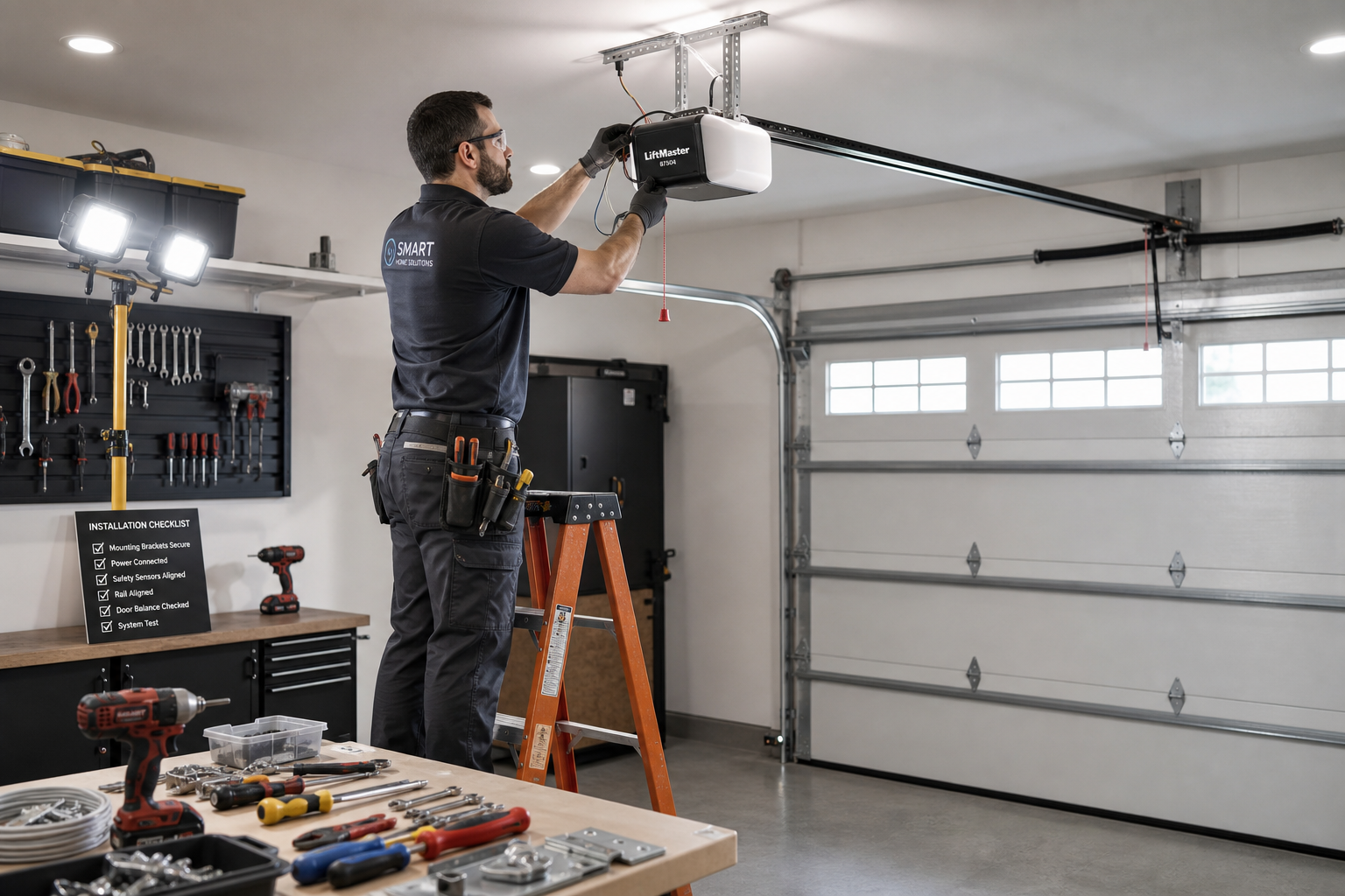 Professional technician installing smart garage door opener with proper lighting setup