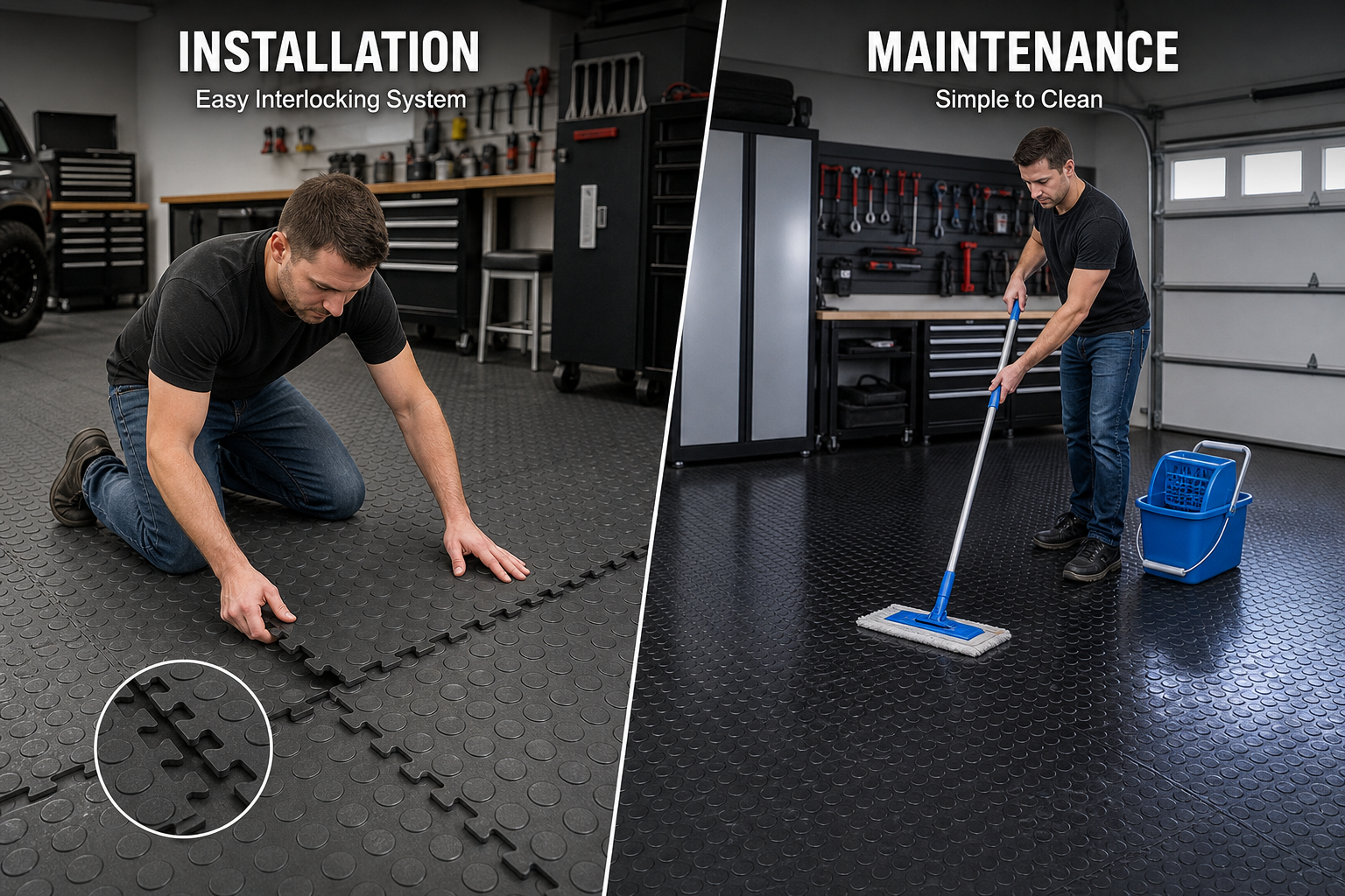 Garage floor mat installation and cleaning maintenance demonstration