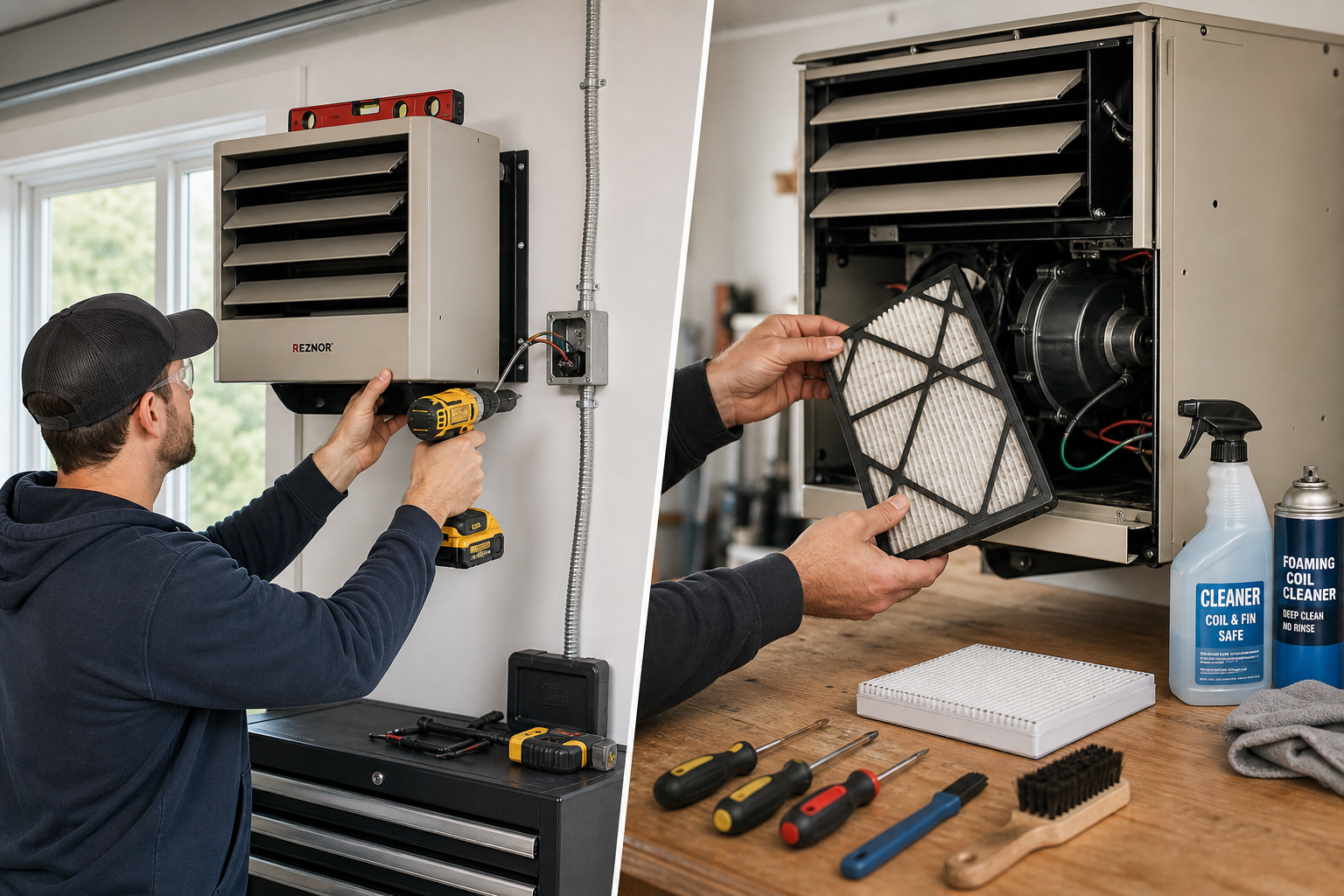 Person installing and maintaining a garage heater showing proper installation and cleaning procedures