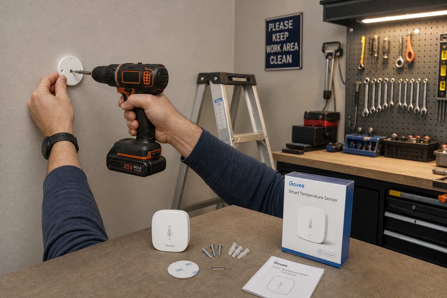 Hands installing smart temperature sensor on garage wall with tools and mounting hardware
