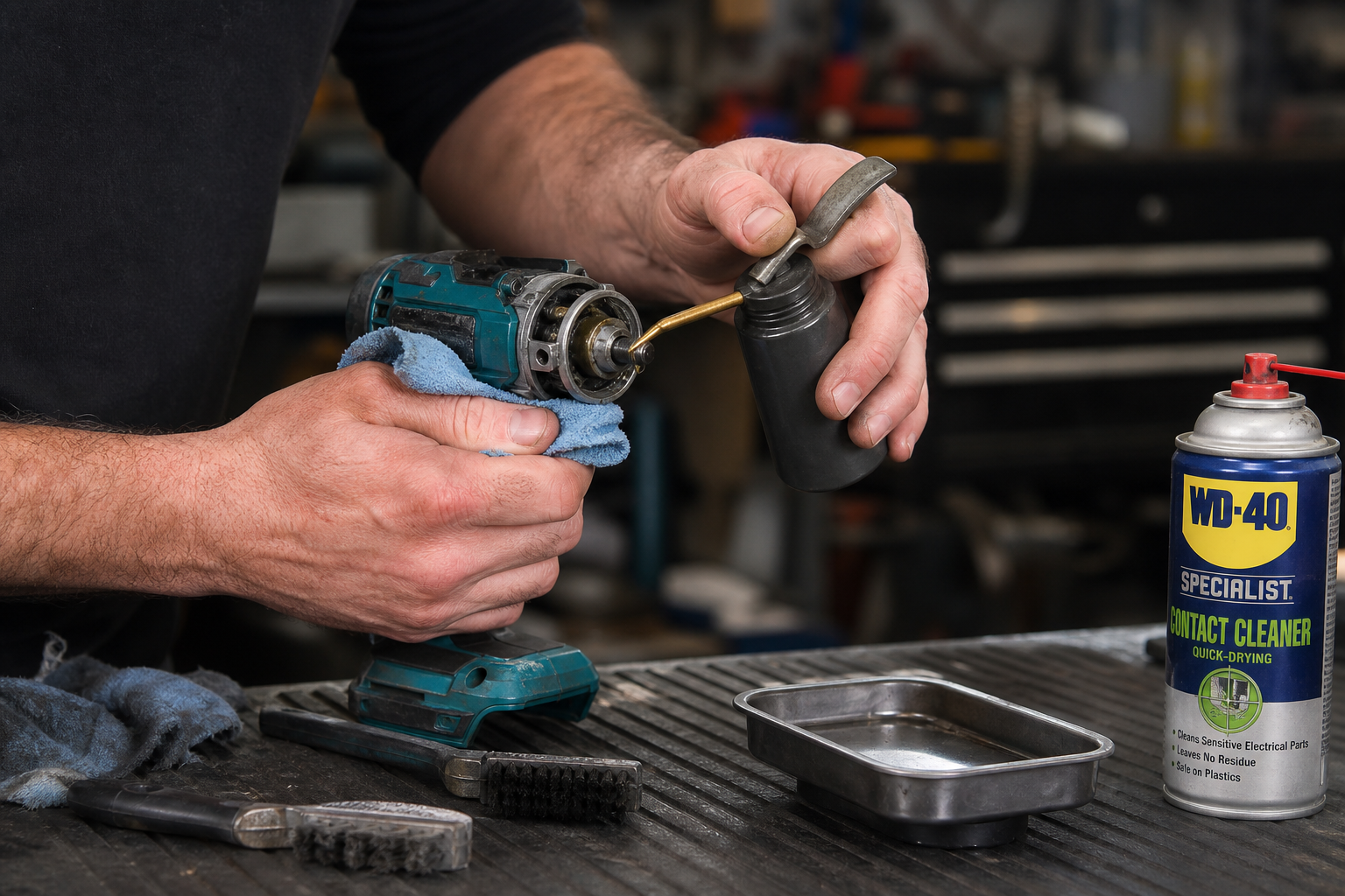 Hands performing maintenance on workshop tools demonstrating proper care and upkeep
