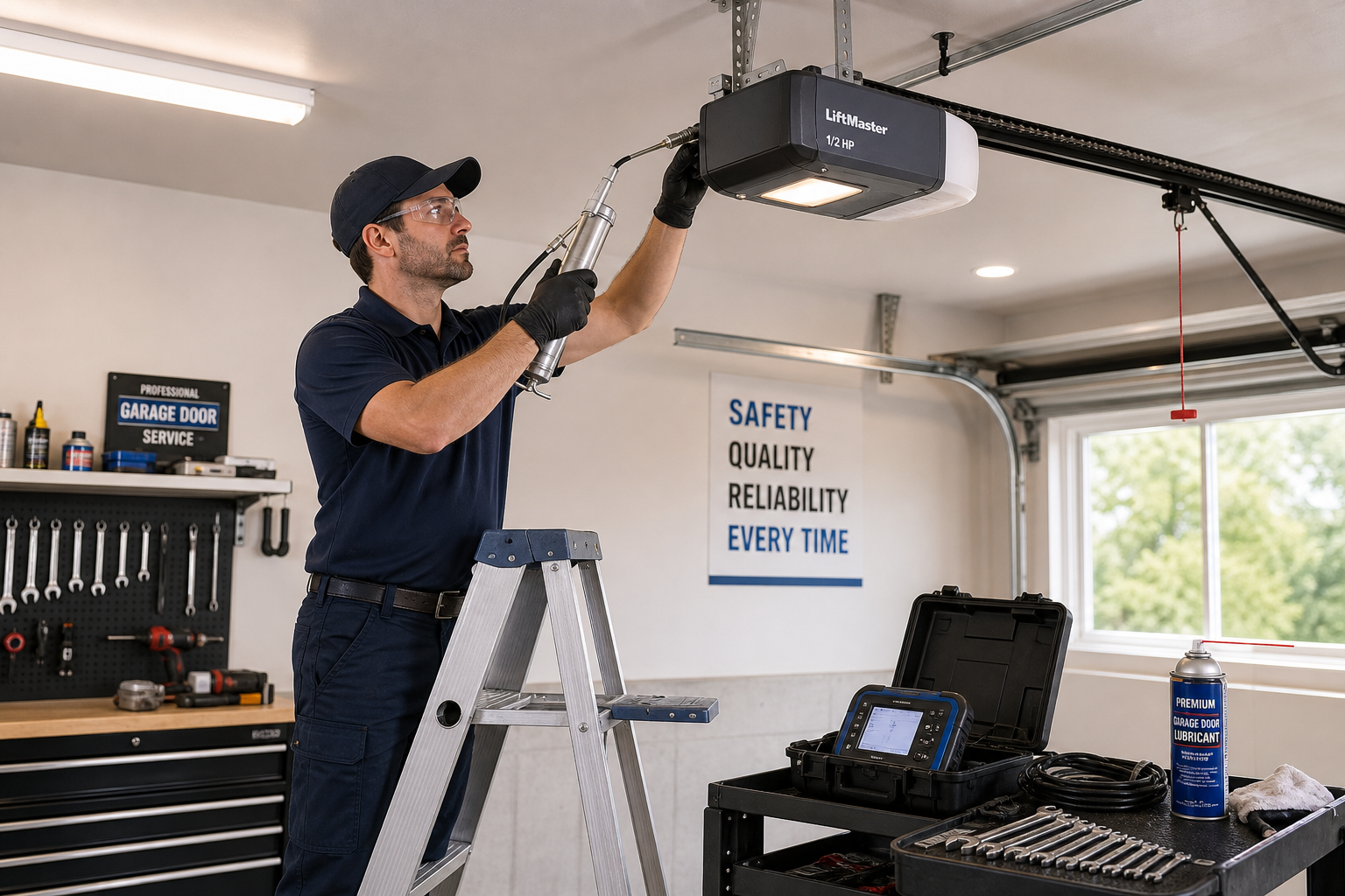 Technician performing maintenance on garage door opener system